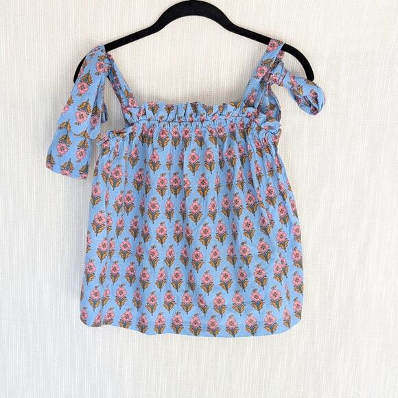 Marea Blue Floral Tie Shoulder Sleeveless Cotton Blouse Top, size XL - Picture 1 of 7